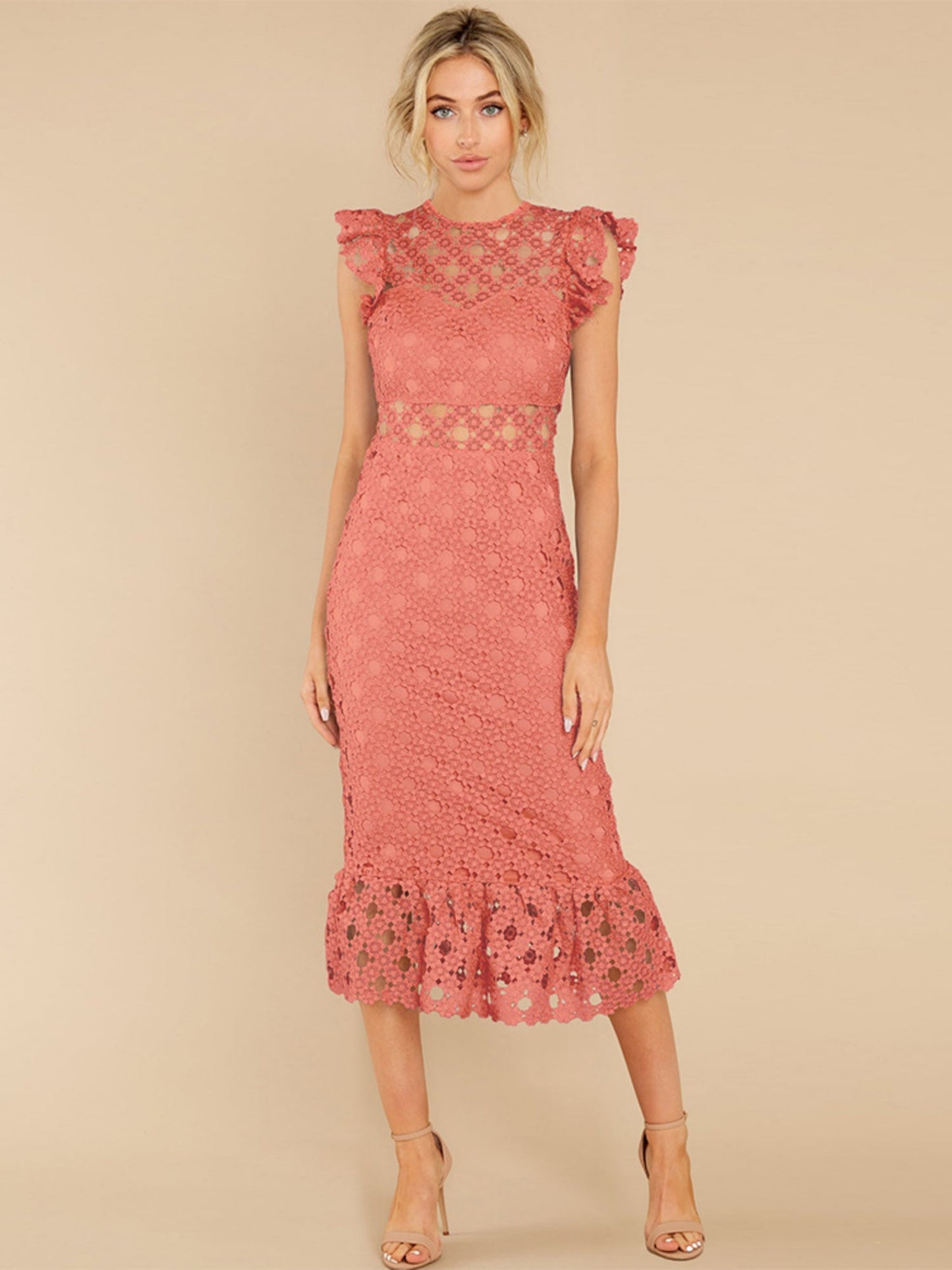 Lace Trim Hollow Out Hip Wrap Maxi Dresses