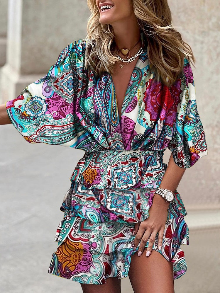 Batwing Sleeve V-neck Short Dress With Irregular Hem