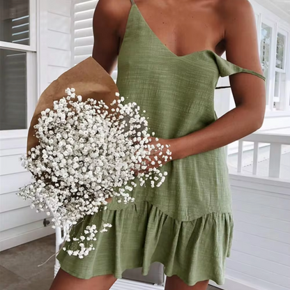 Spaghetti Strap V-Neck Ruffle Hem Linen-Look Mini Dress