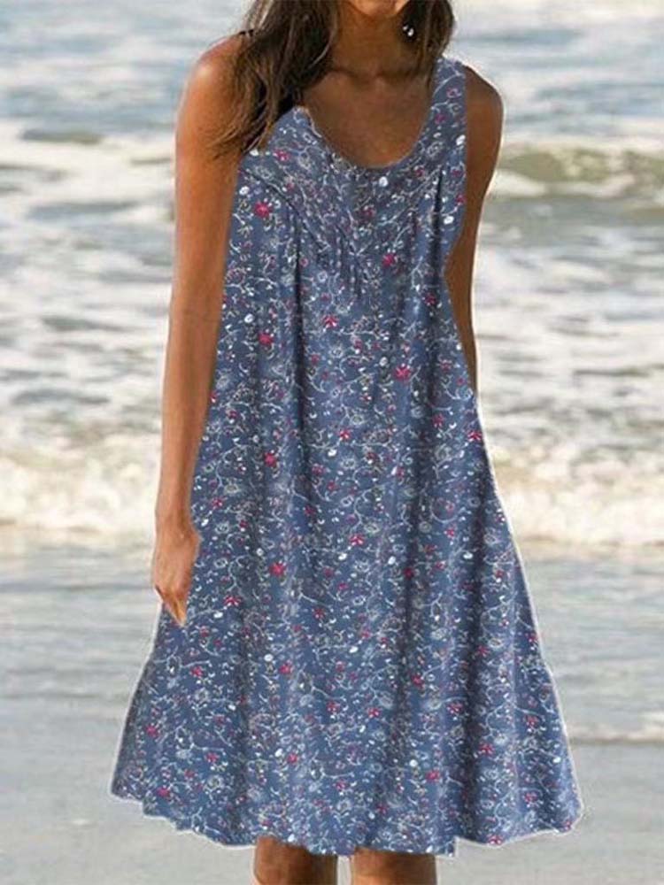 Ethnic Floral Print Scoop Neck Sleeveless A-Line Mini Dress