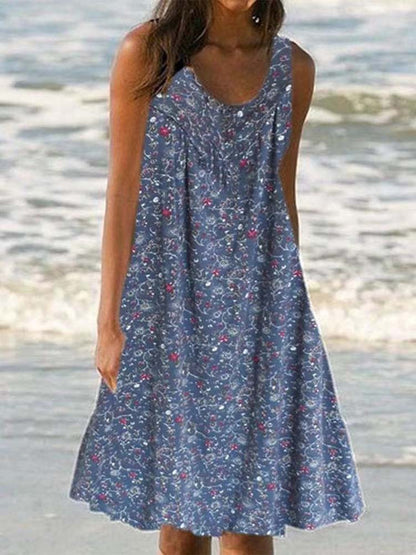 Ethnic Floral Print Scoop Neck Sleeveless A-Line Mini Dress