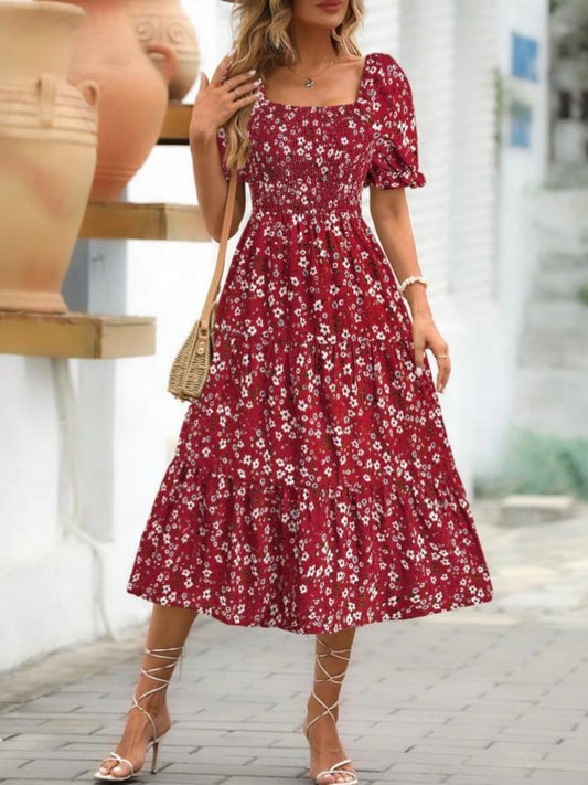 Floral Print Square Neckline And Puff Sleeves Maxi Dresses