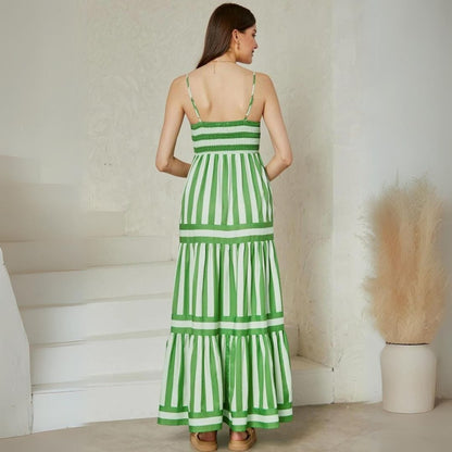 Horizontal Stripe Bodice Vertical Stripe Tiered Spaghetti Strap Maxi Dress