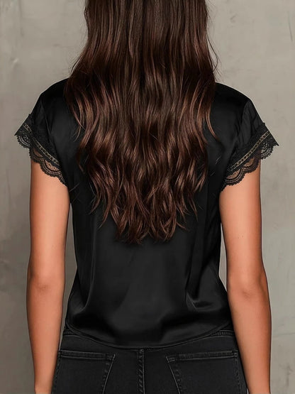 Satin Lace Trim Shirts V-neck T-shirts