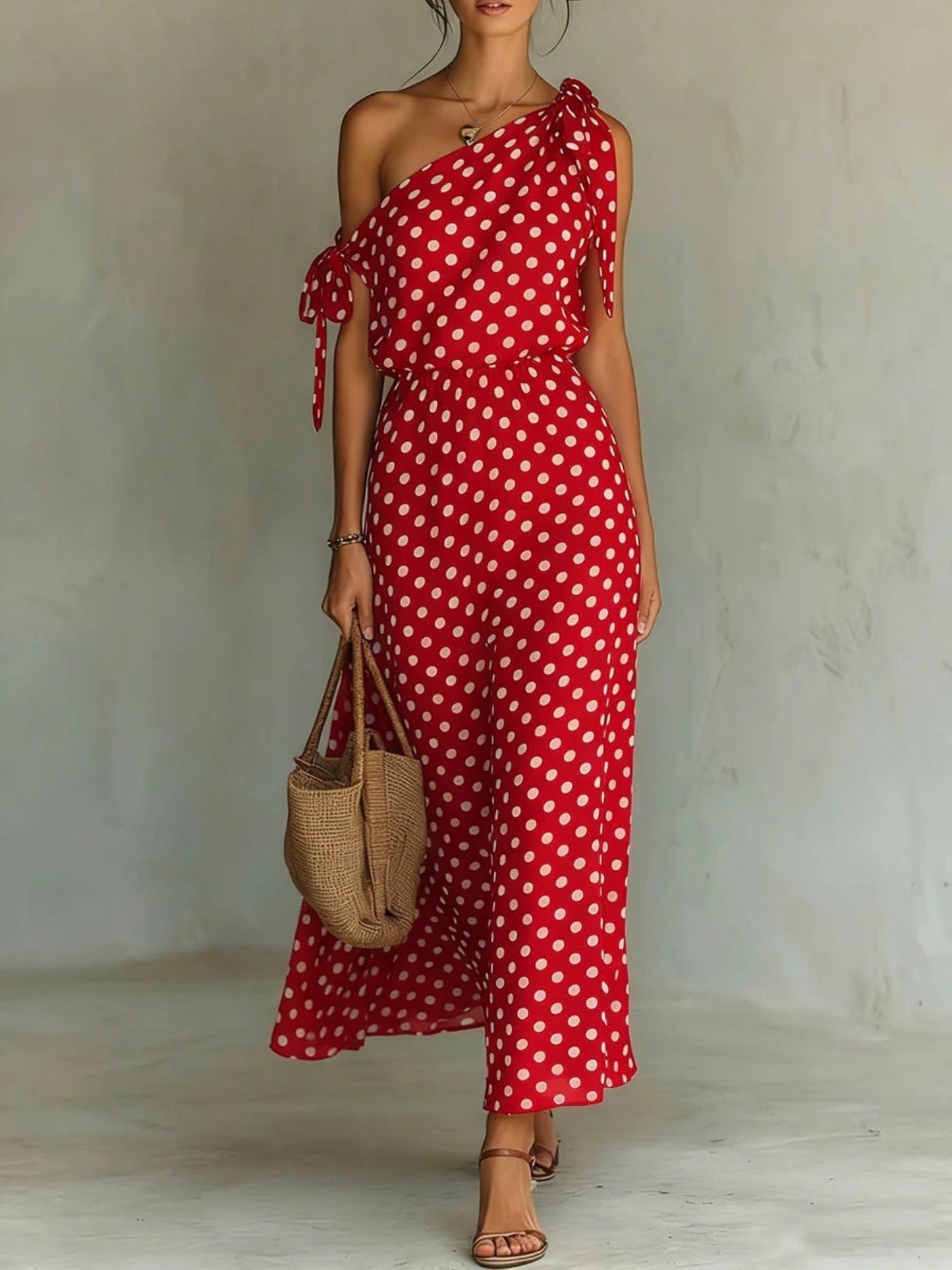 Polka Dots Sloping Shoulders Straps Maxi Dresses