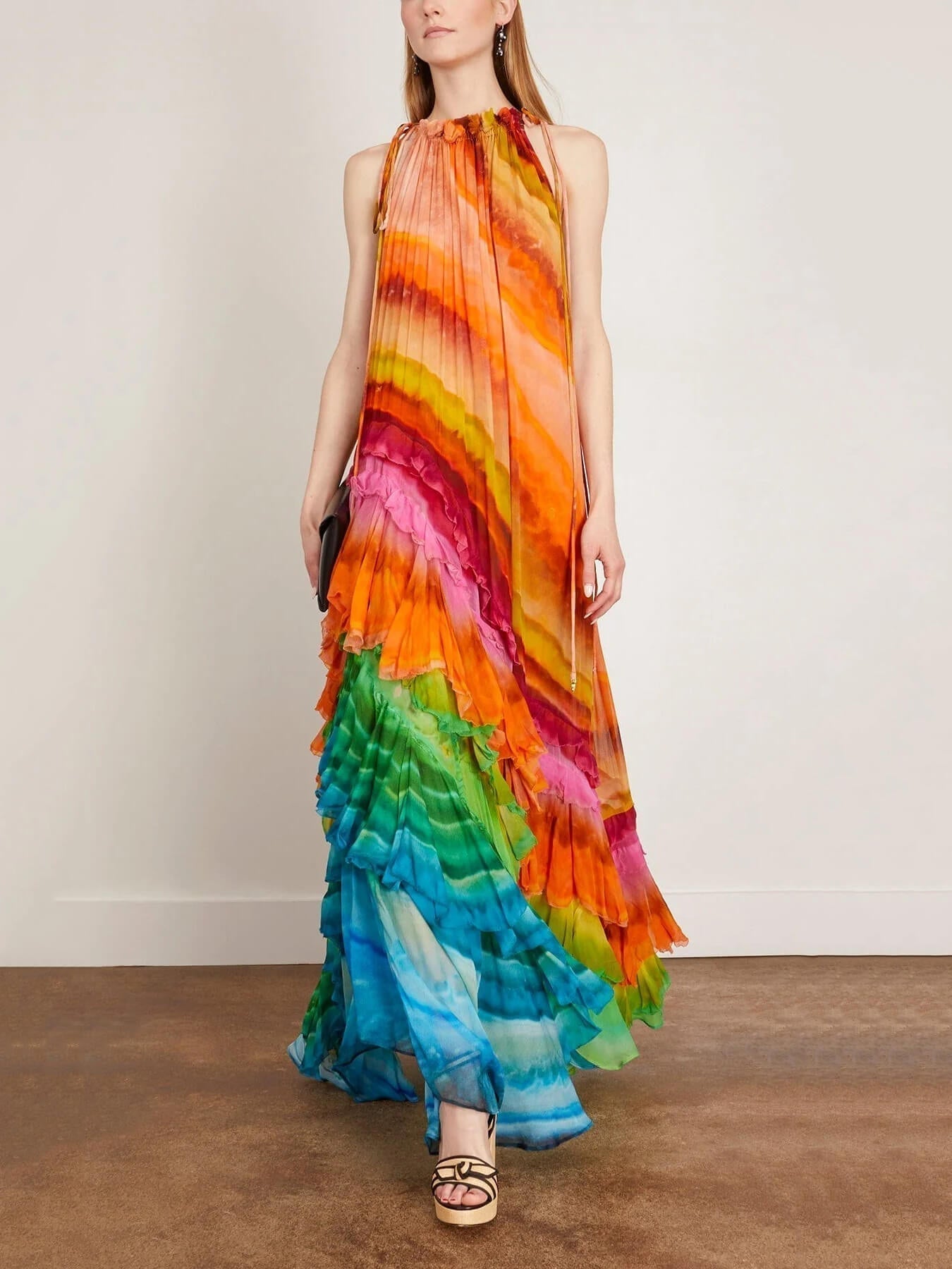 Halter Neck Cascading Tier Ruffle Ombré Print Floor Length Maxi Dress