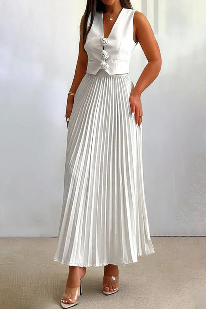 3D Floral Vest Pleated Maxi Skirt Set