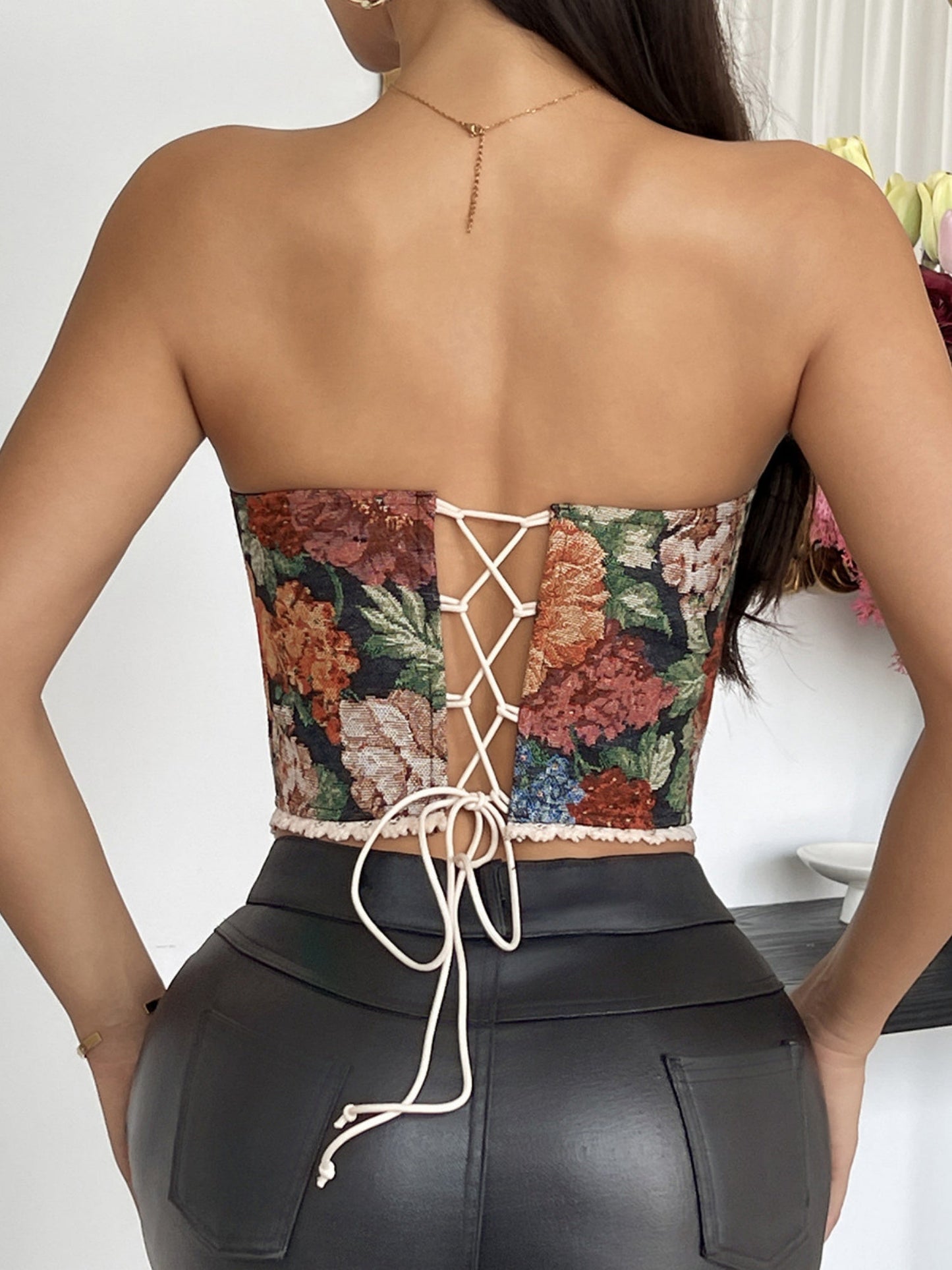 Floral Print Strapless Lace Tethered Fish Bones Strapless Bra