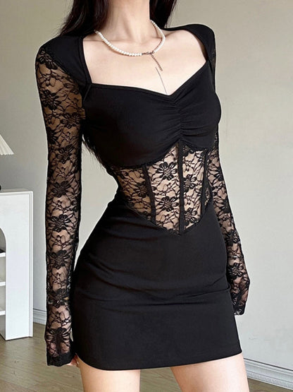 Lace Patchwork Perspective Pleated Hip Wrap Mini&Short Dresses