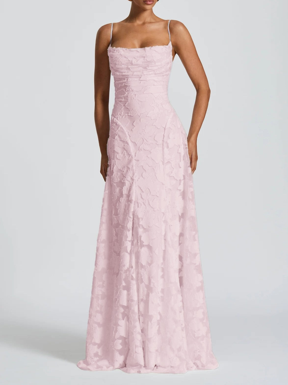 Spaghetti Strap Square Neck 3D Floral Applique A-Line Maxi Dress