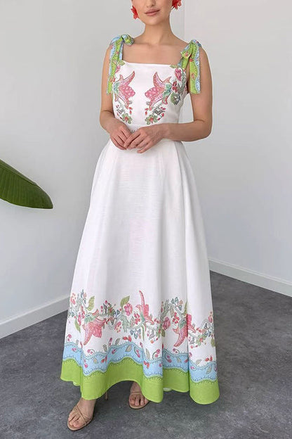 Bow Shoulder Sleeveless Floral Print Maxi Dress