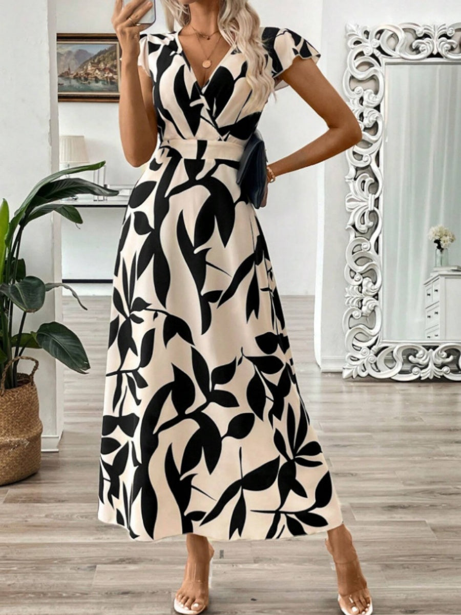 V-neck Ruffle Printed Vacation And Leisure Maxi Dresses