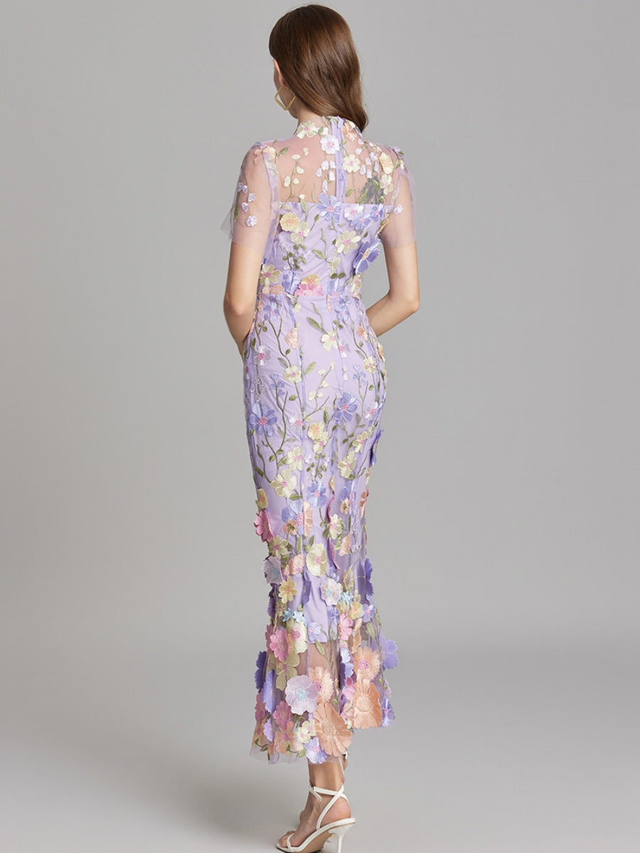Embroidered 3D Floral Fitted Waist Short-sleeved Long Dress