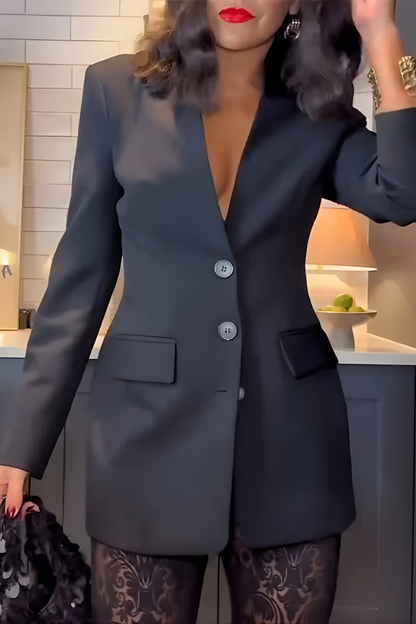 V-Neck Button-Up Long Sleeve Waisted Blazer Set