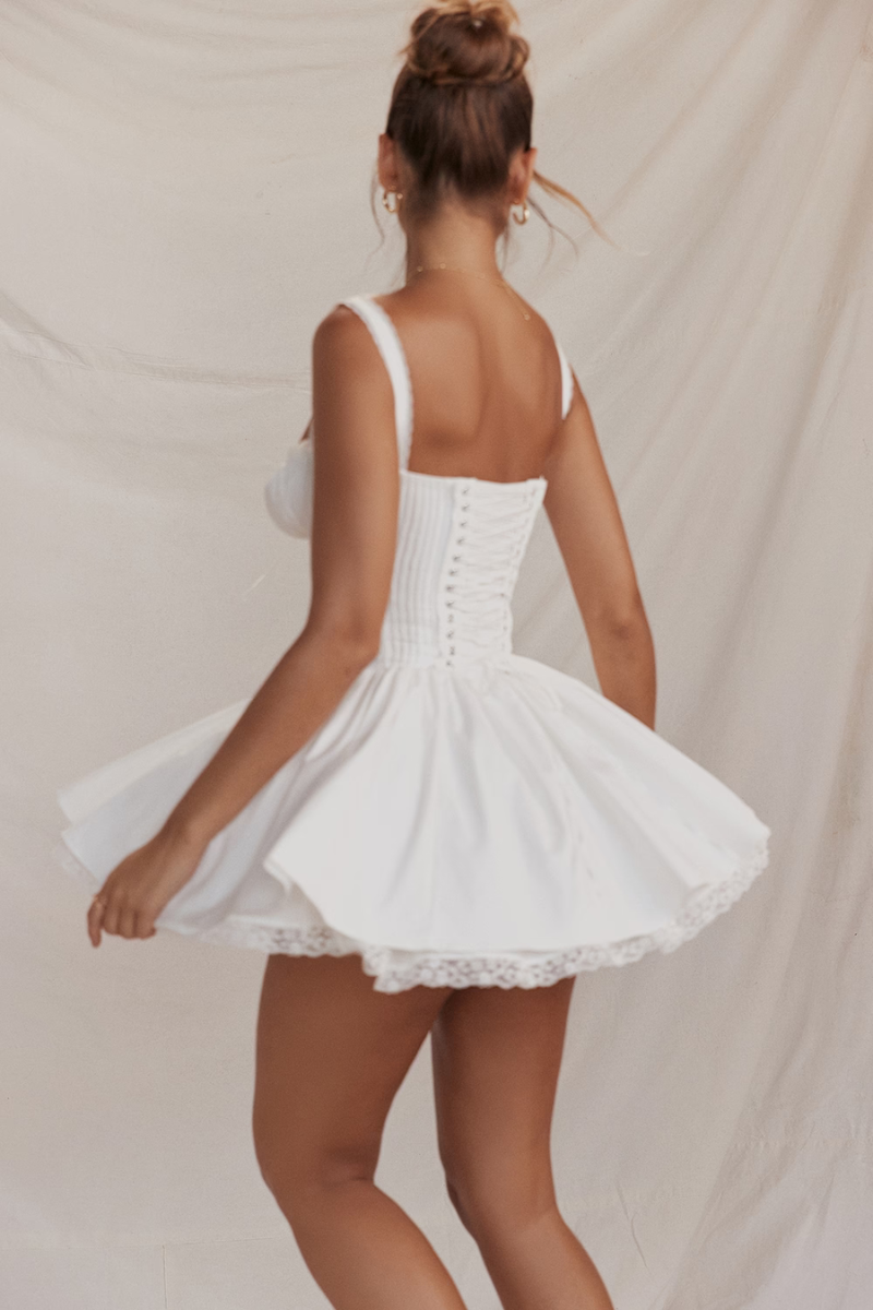 Lace Trim Sweetheart Corset Pleated Babydoll Mini Dress