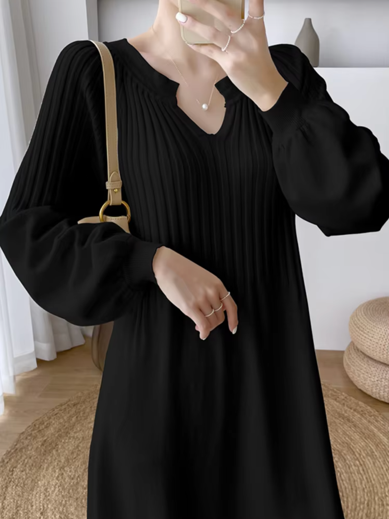 V-Neck Bishop Sleeve Rib Knit A-Line Maxi Sweater Dress