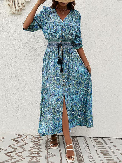 V Neck Button Front Smocked Waist Paisley Print High Slit Maxi Dress