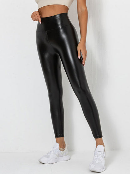 PU Glossy Patent Leather Cropped Pants Skinny Jeans Elastic Slim Fit Leather Pants