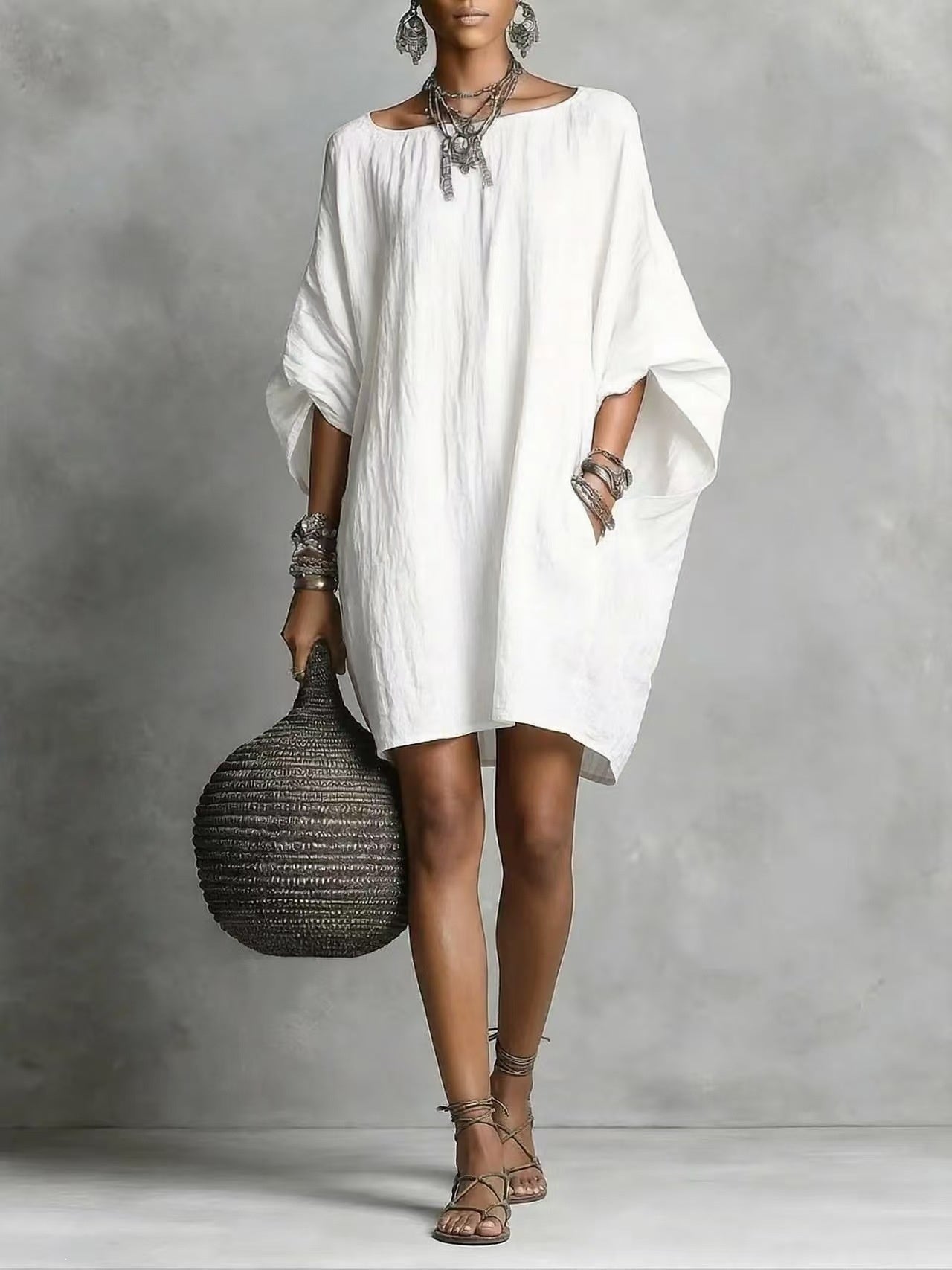 Linen-style Batwing Top, Loose-fitting Midi Dress