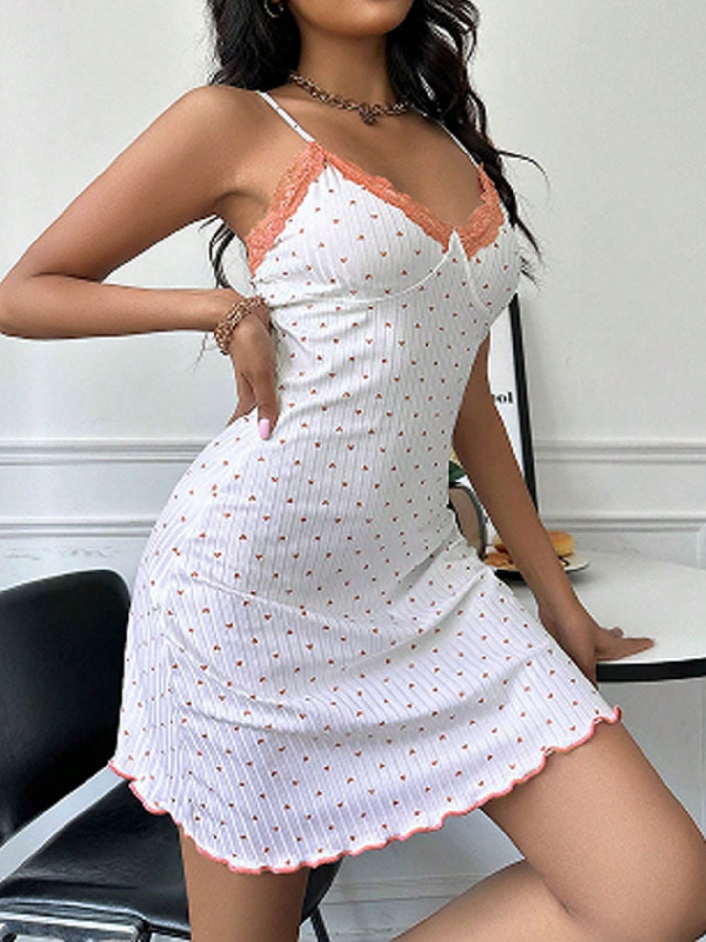Heart Print Lace Trim Short Slip Dress