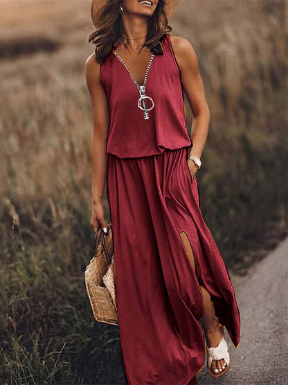 V Neck Zip Ring Detail Sleeveless Side Slit Maxi Dress