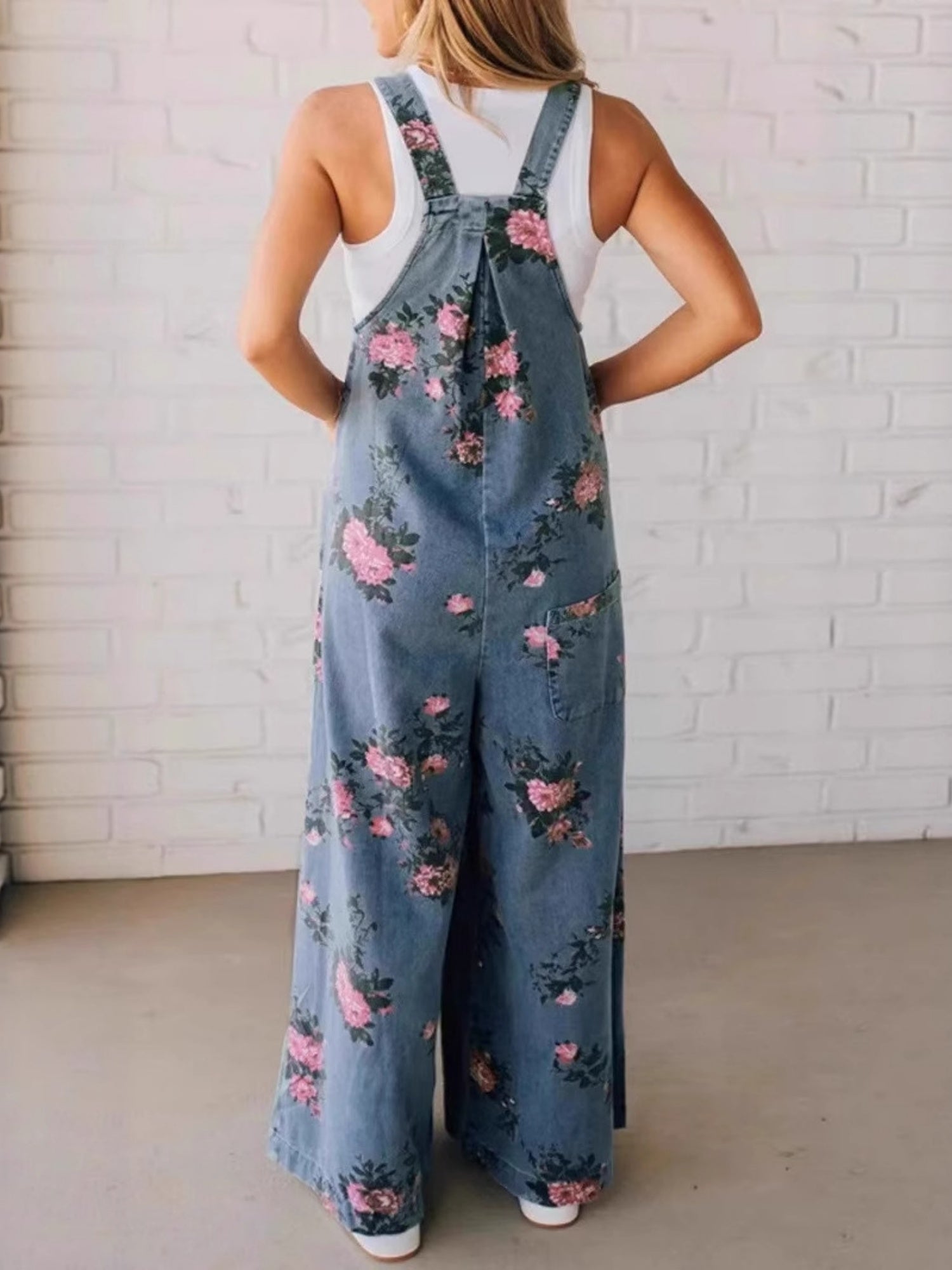 Denim Floral Print Pocket Sleeveless Suspenders Long Jumpsuit