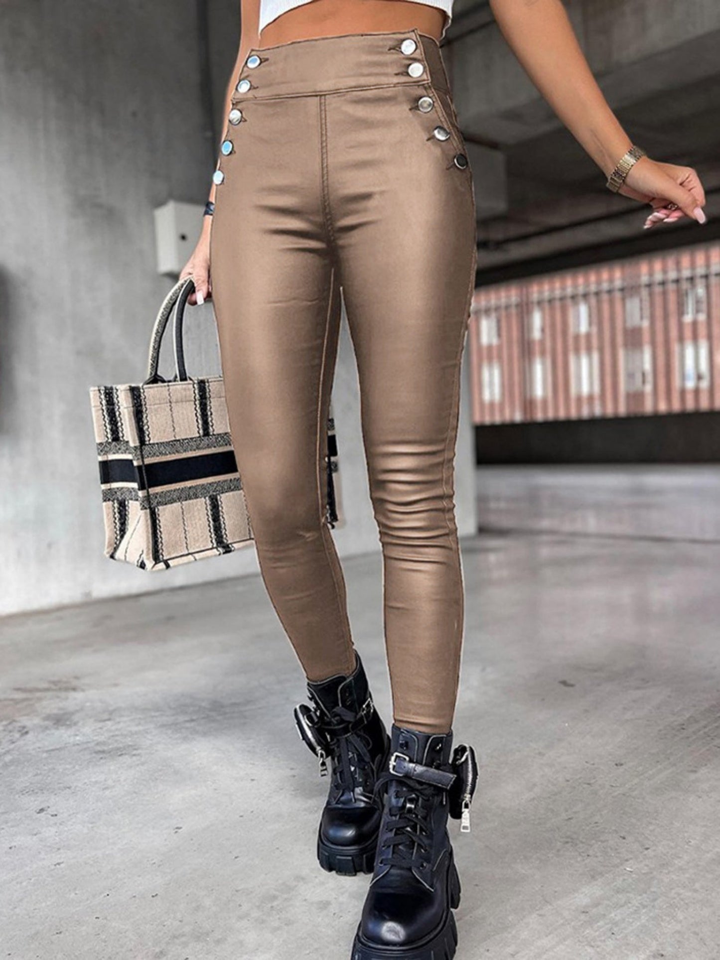Imitation Leather Buttons High-waisted Slim Fit Pencil Trousers