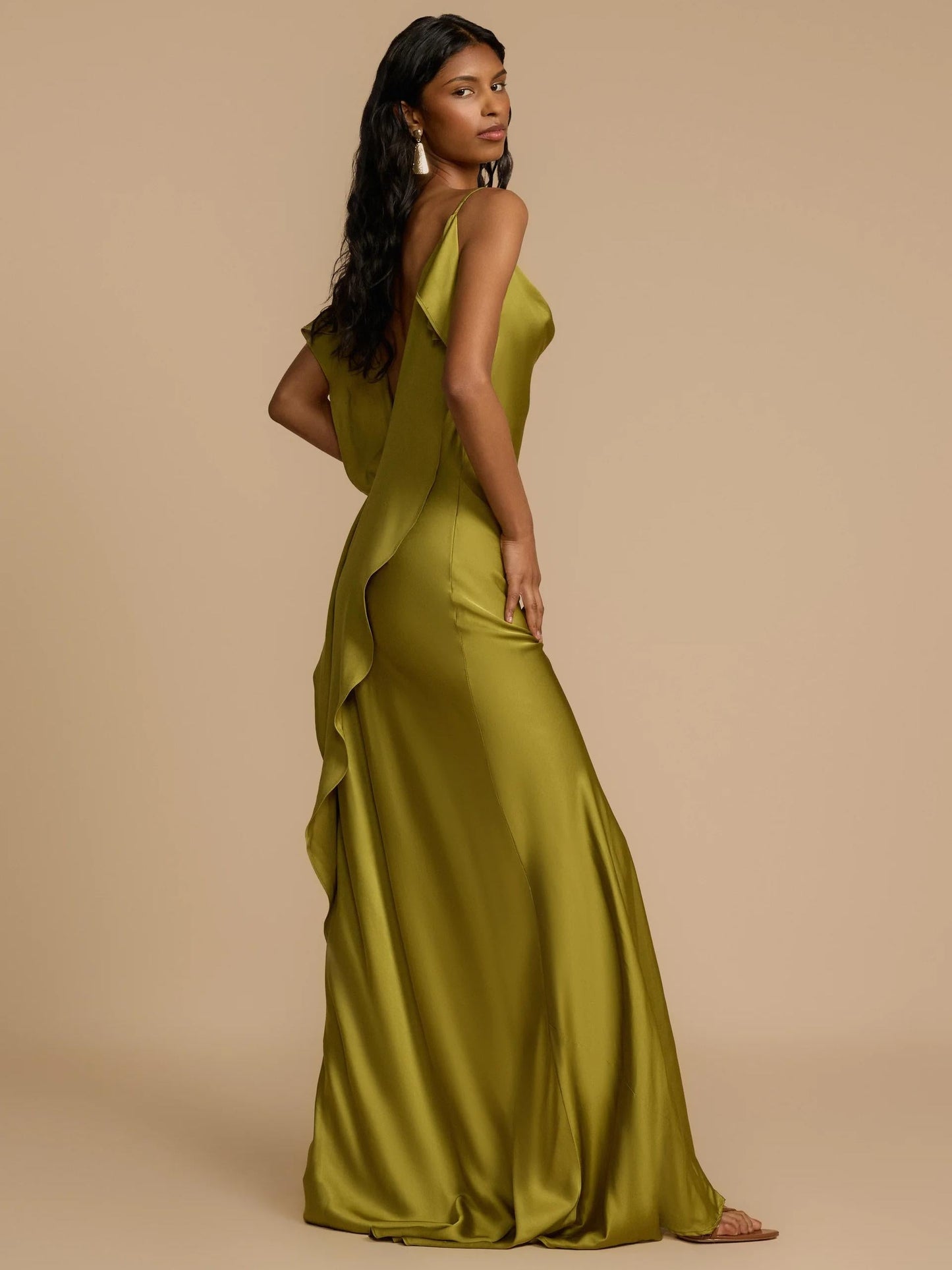 Cowl Neck Spaghetti Strap Satin High Slit Maxi Dress