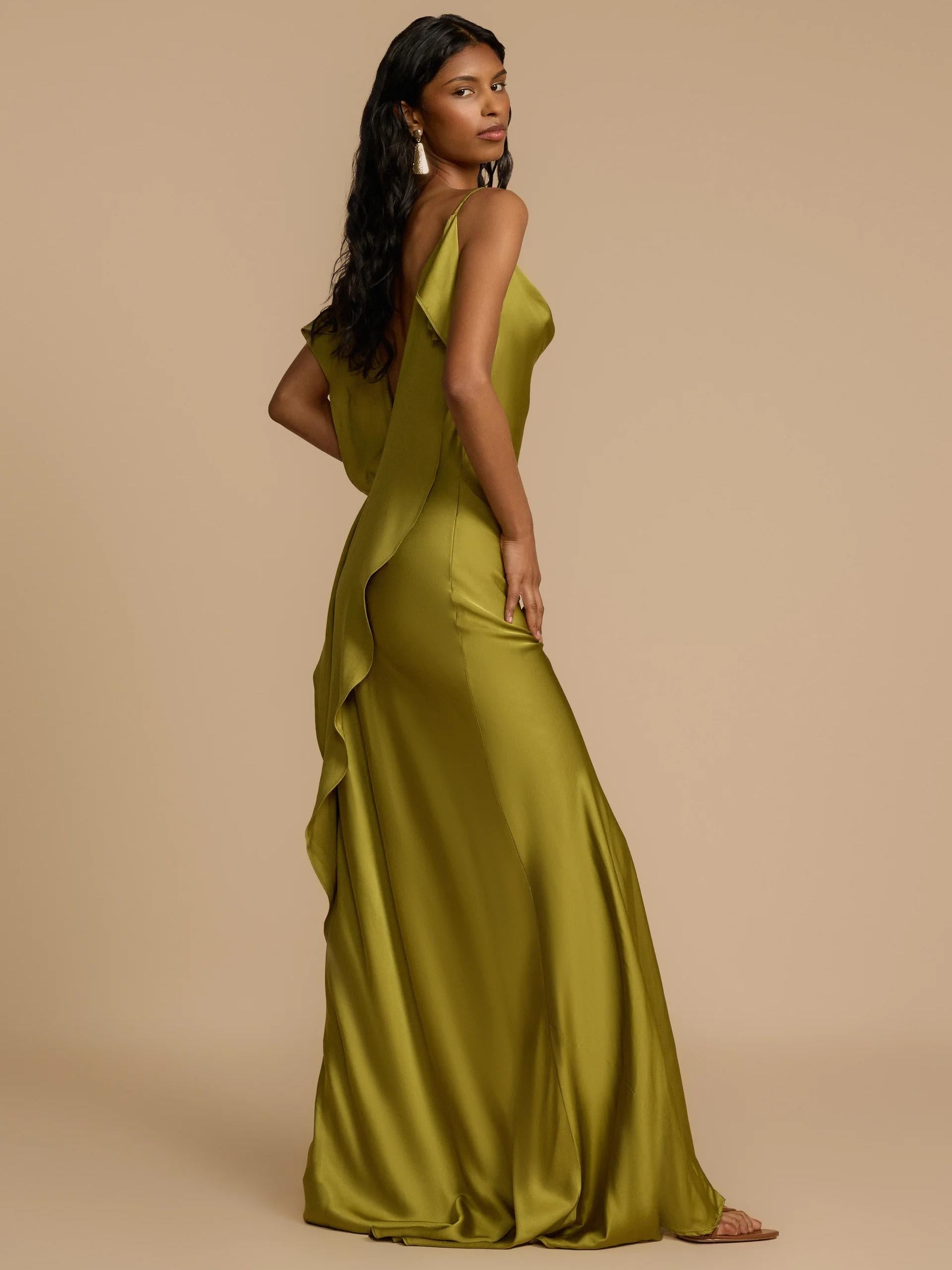 Cowl Neck Spaghetti Strap Satin High Slit Maxi Dress