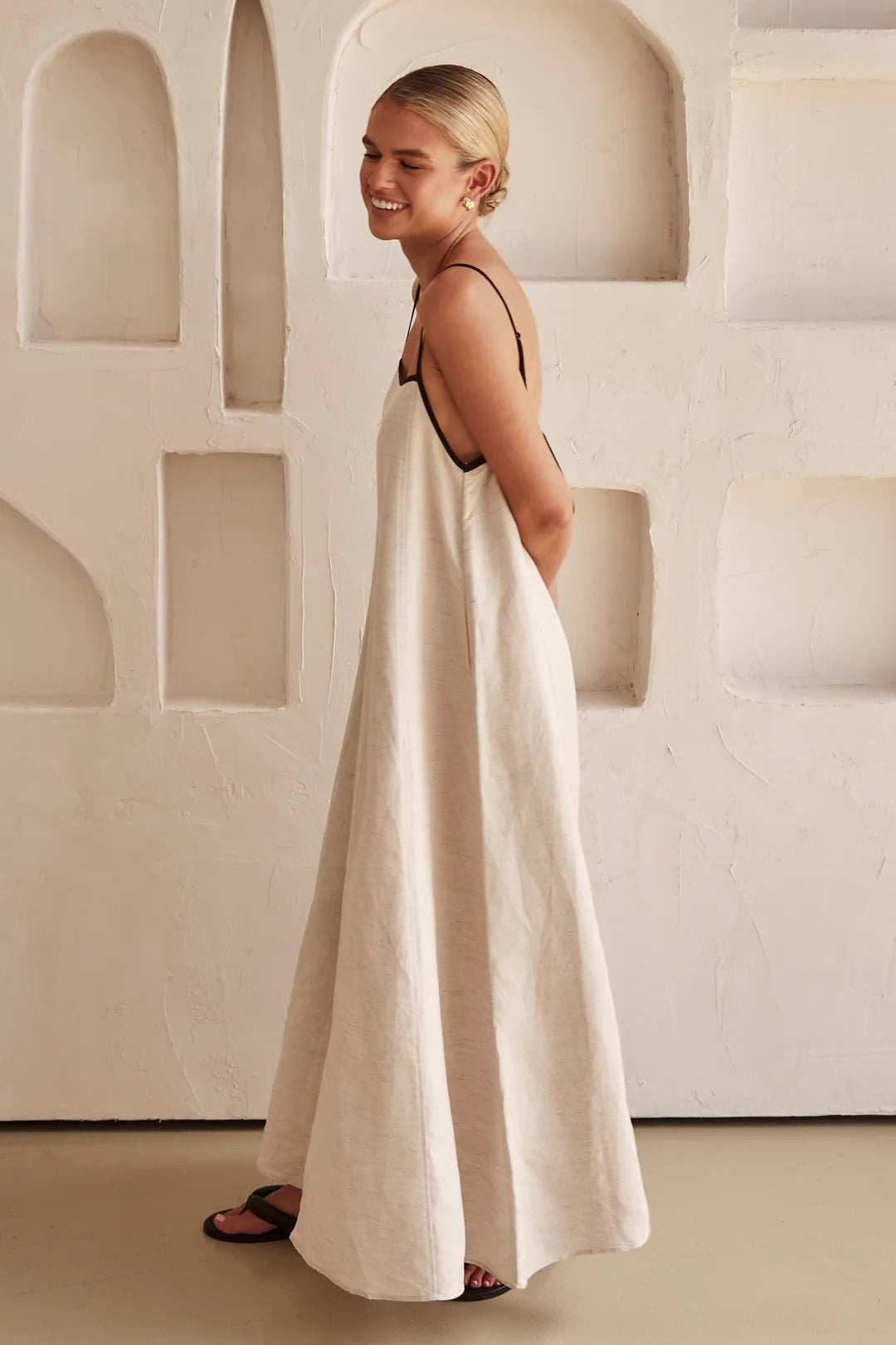Linen Look Square Neck Spaghetti Strap Contrast Piping Relaxed Maxi Dress