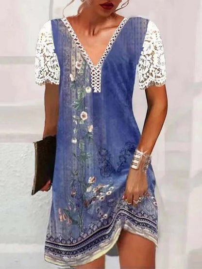 Floral Lace Sleeve Deep V-Neck Patchwork Border Shift Mini Dress