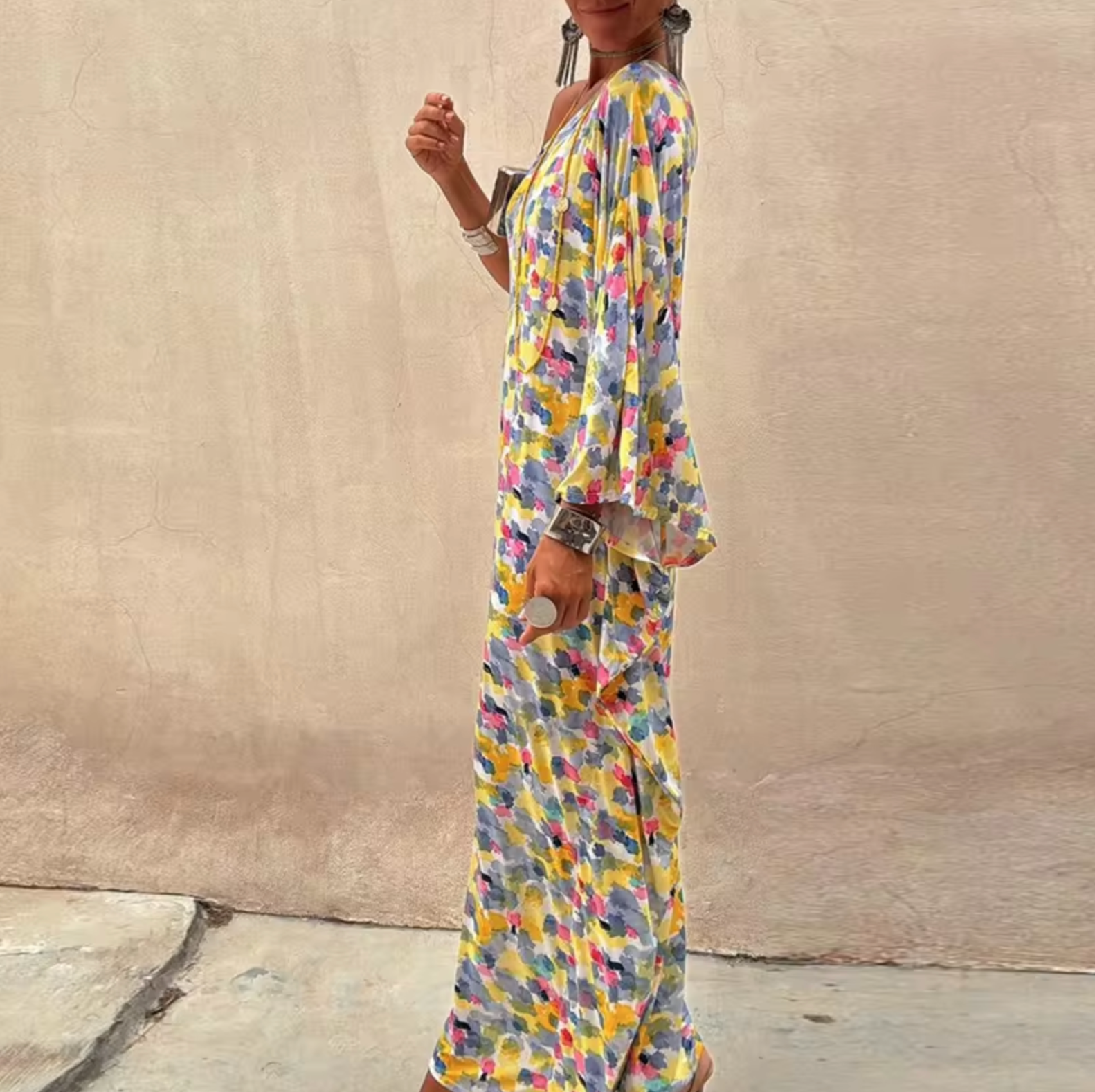 Abstract Painterly Print One-Shoulder Batwing Sleeve Oversized Maxi Dress