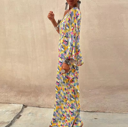 Abstract Painterly Print One-Shoulder Batwing Sleeve Oversized Maxi Dress
