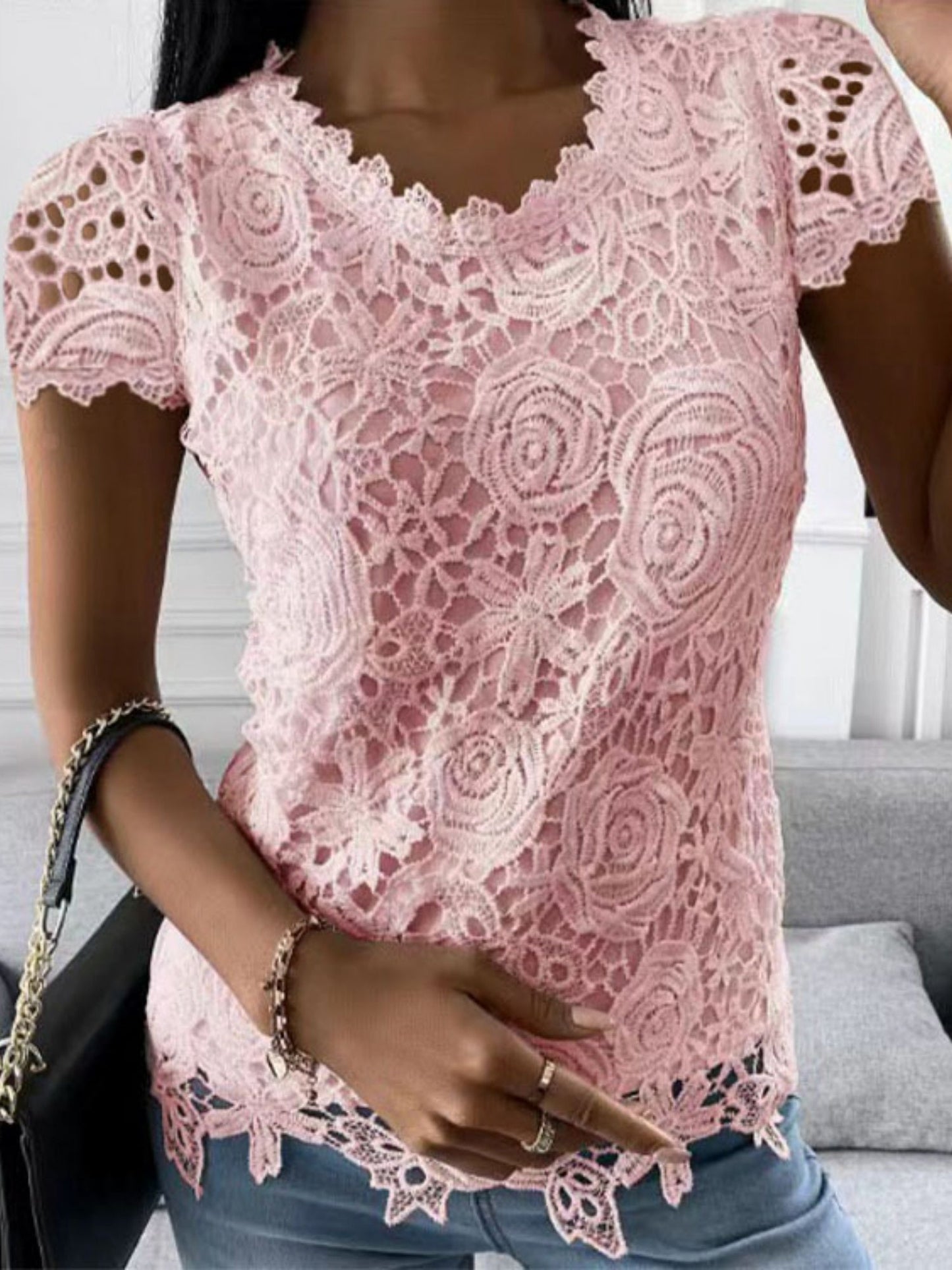 Lace Trim Crew Neck Short-sleeved T-shirt