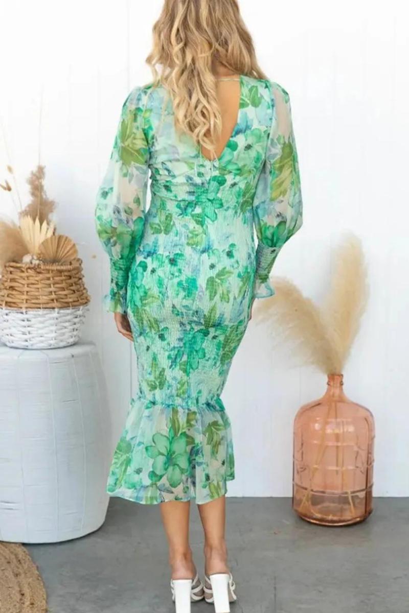 Floral Print Deep V-Neck Balloon Sleeve Smocked Trumpet Hem Midi Dress