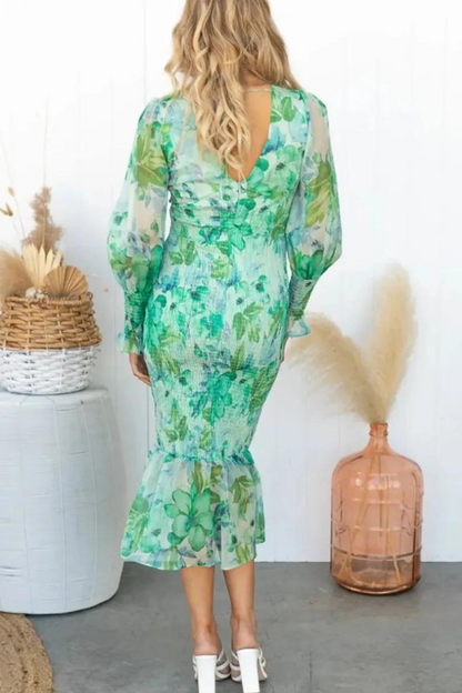 Floral Print Deep V-Neck Balloon Sleeve Smocked Trumpet Hem Midi Dress