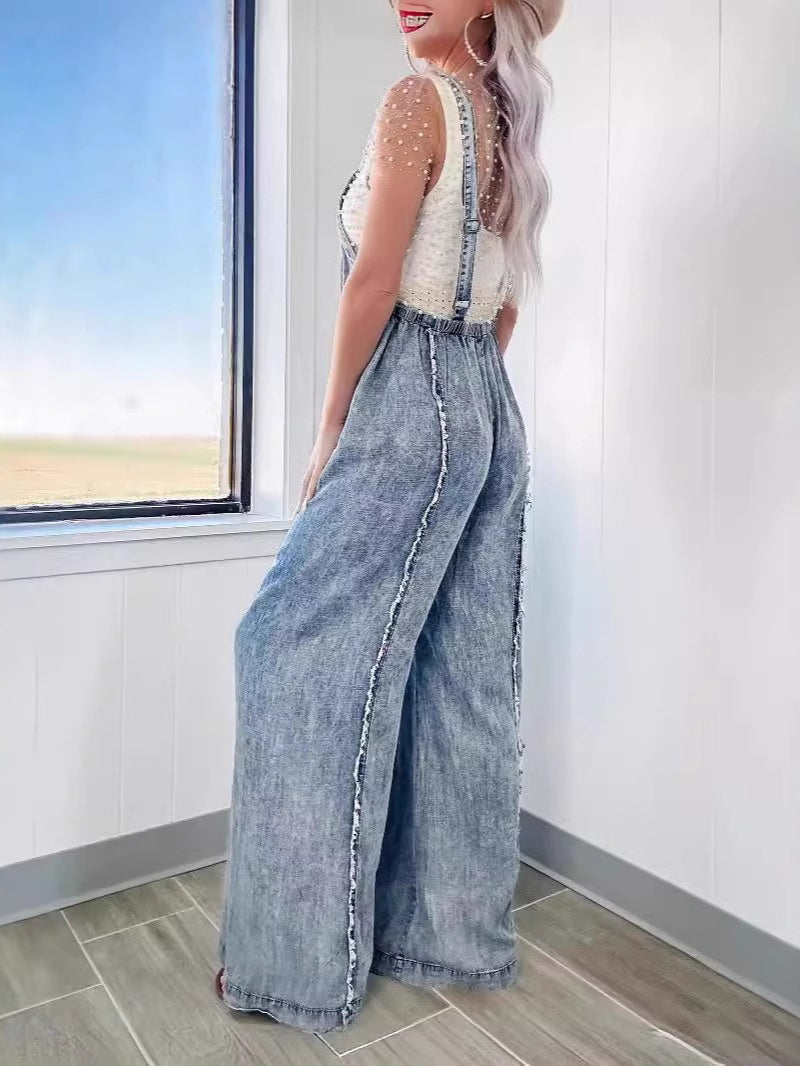Washed Wide-leg Jumpsuit With Frayed Edges