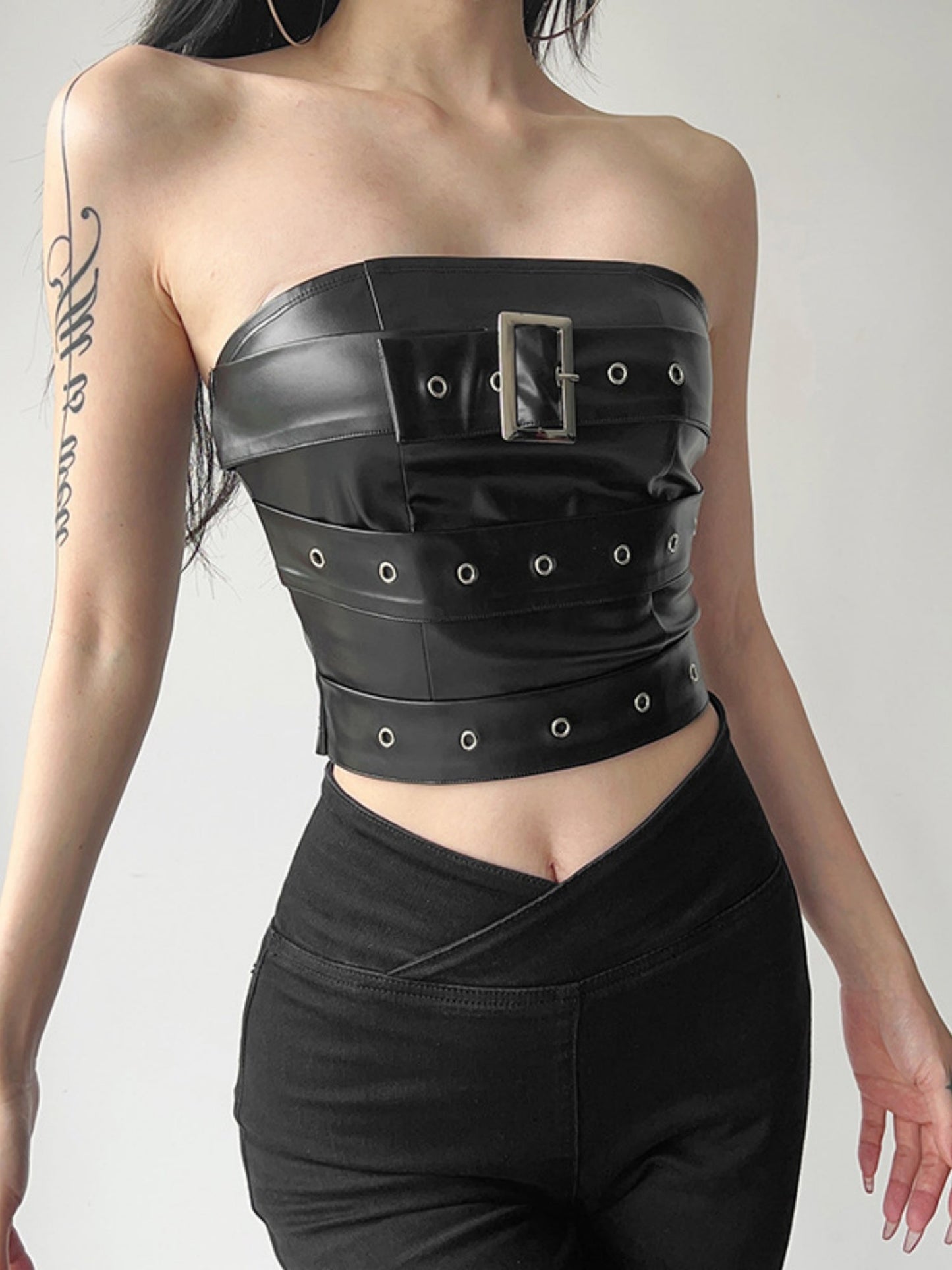 PU Leather Metal Buckle Decoration Strapless Vest