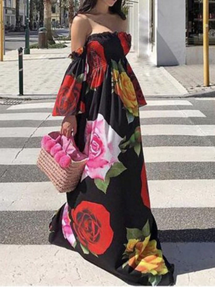 Off-the-shoulder Floral Print Long Dress