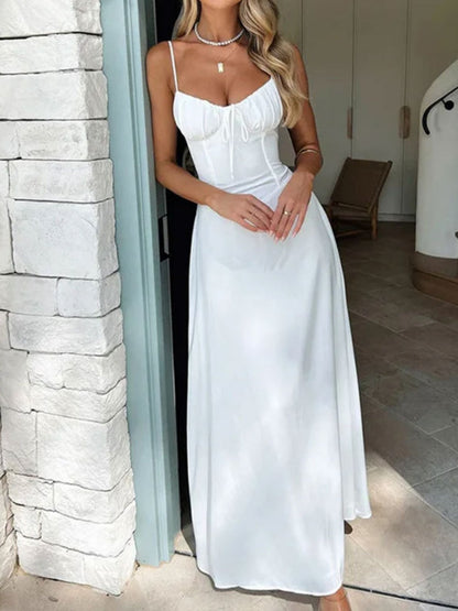 Lace-up A-line Solid Color Suspender Long Dress