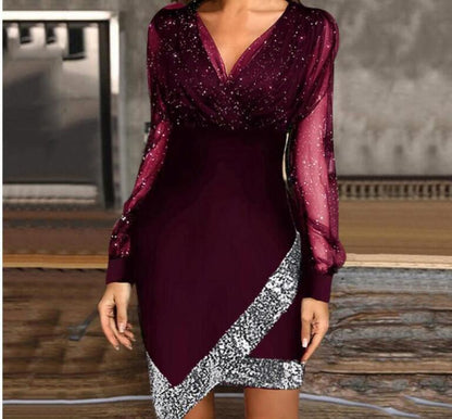Mesh Splicing Sequins V-neck Waist Shaping Mini&Short Dresses