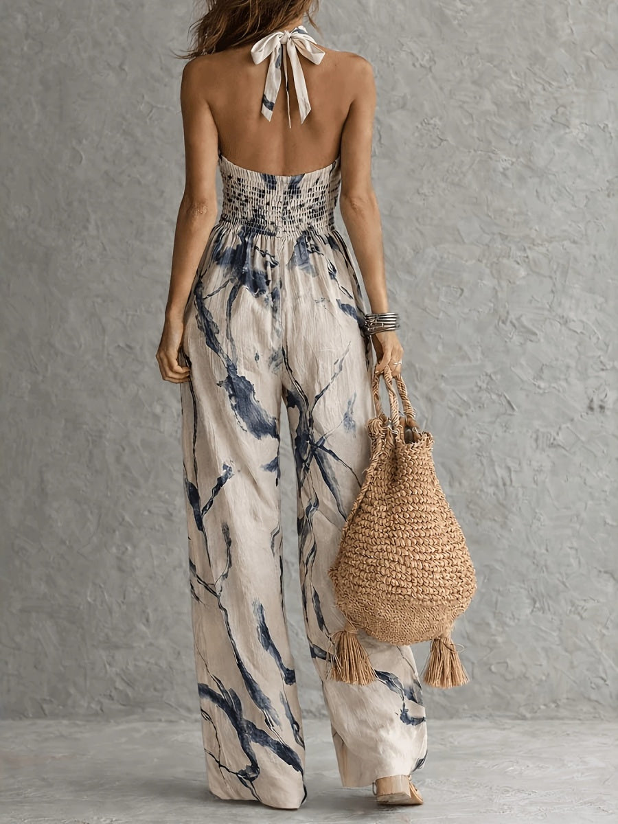 Ink And Wash Printing Halter Wide-leg Pants Temperament Jumpsuits