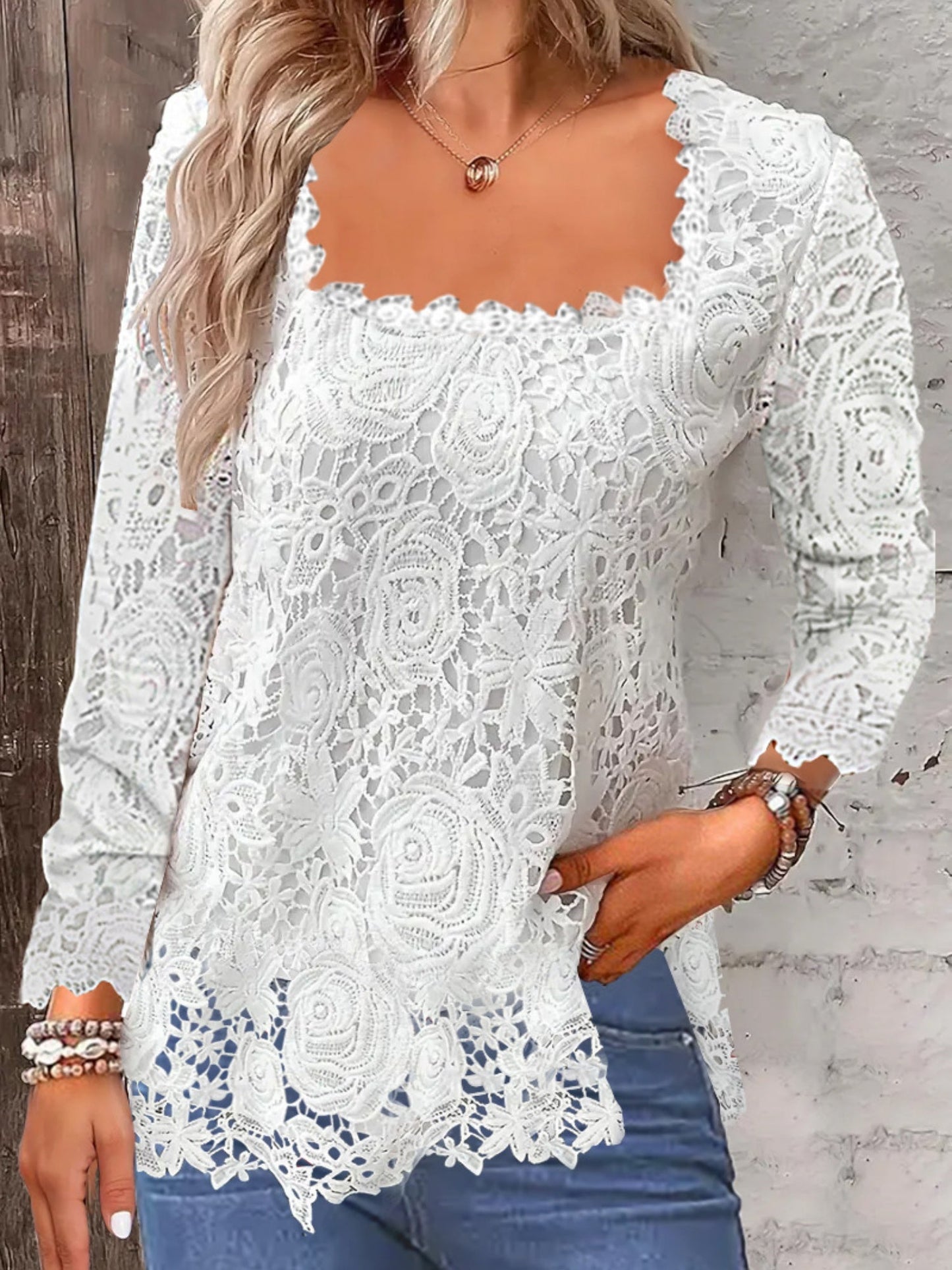 Lace Trim Square Collar Long-sleeved T-shirt