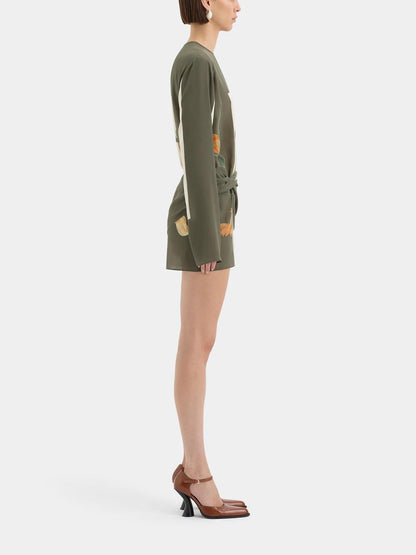 Crew Neck Long Sleeve Twist Front Lily Print Panel Mini Dress