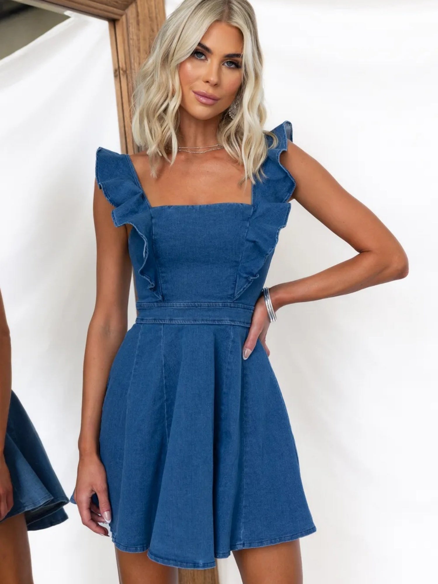 Denim Flying Sleeves Backless Mini&Short Dresses