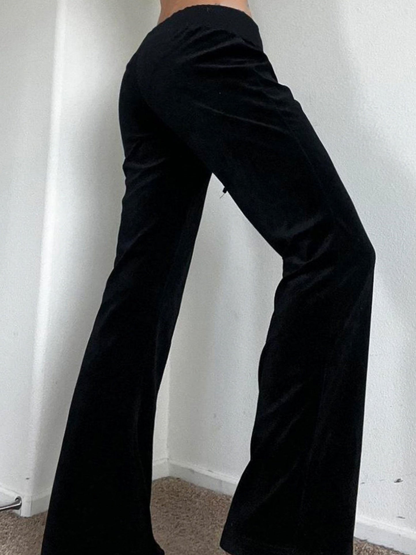 Star Rhinestones Ribbed Waistband Drawstring Low Waist Velvet Flared Pants