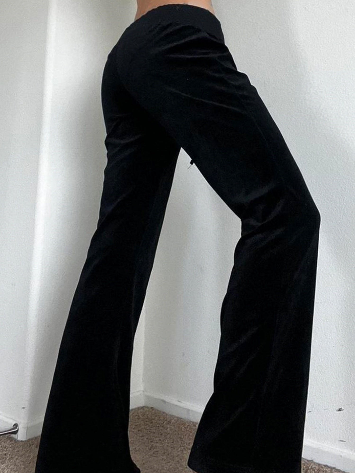 Star Rhinestones Ribbed Waistband Drawstring Low Waist Velvet Flared Pants