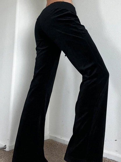 Star Rhinestones Ribbed Waistband Drawstring Low Waist Velvet Flared Pants