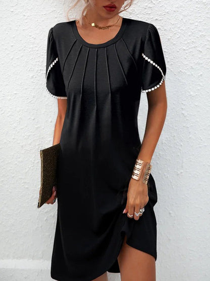 Round Neck Pintuck Pleated Flutter Sleeve Mini Dress