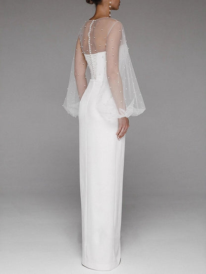 Pearl Mesh-paneled Sleeves Tube Top Maxi Dresses